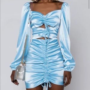 Shop Akira Sky Blue Satin Rutched Dress